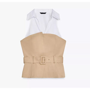 Zara Halter neck Corset top White Collar V Neck belt Cream Size S New